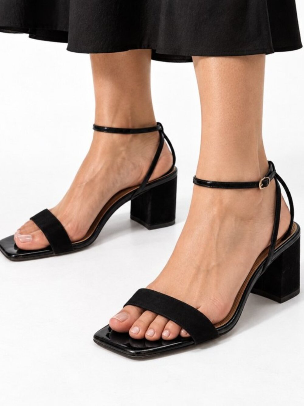 ASOS DESIGN Black Square Toe Block Heel Ankle Strap Sandals Minimalist Sz 12